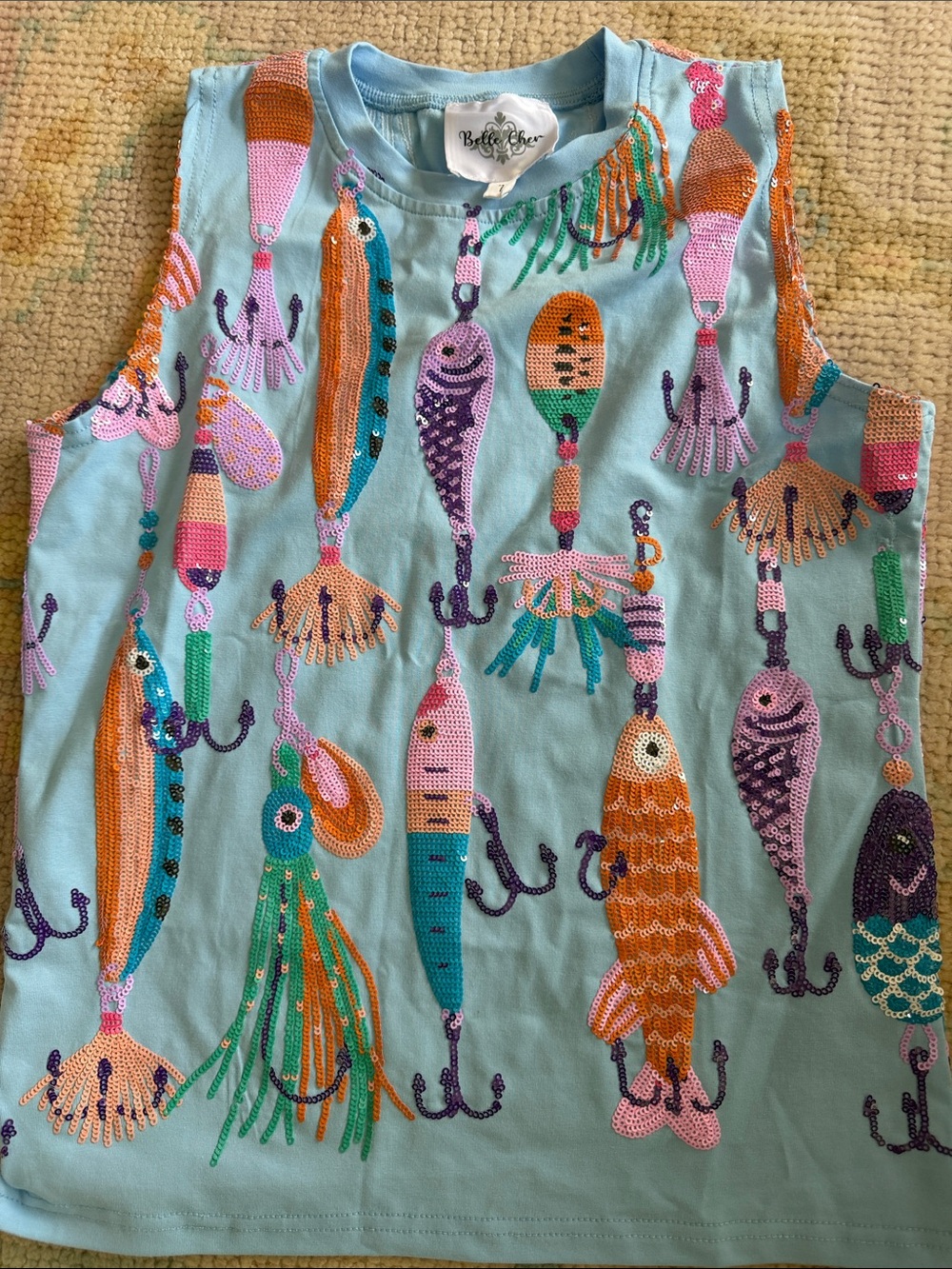 Belle Cher Aqua Sequin Fishing Lure Tank Top